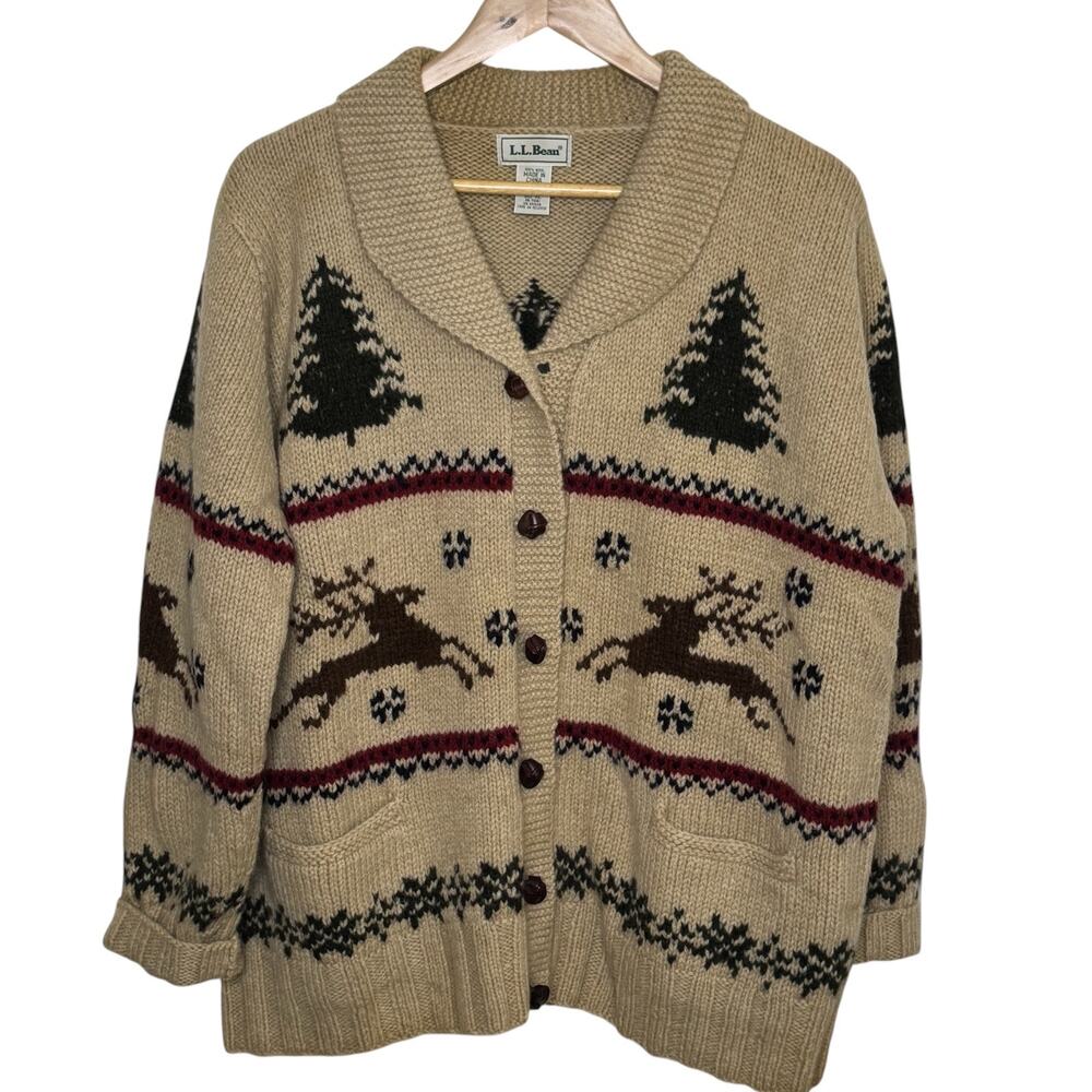 L.L. Bean Women's XL 100% Wool Reindeer Pine Tree Christmas Cardigan Sweater VTG